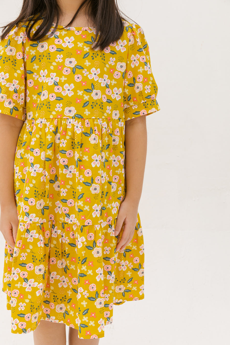 Finley Puff-Sleeved Floral Tiered Dress In Yellow