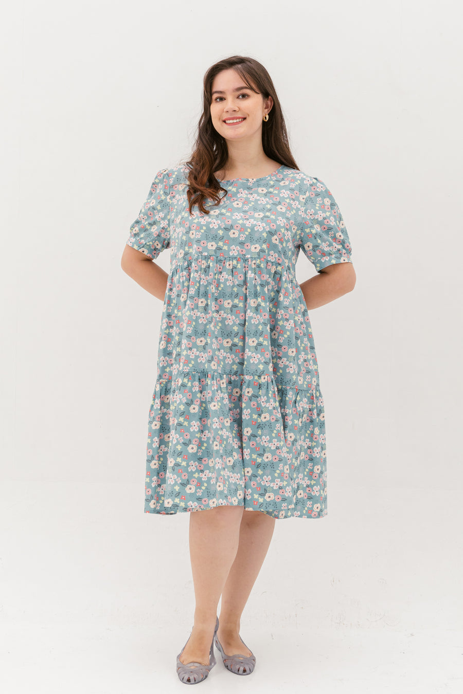 Florence Puff-Sleeved Floral Tiered Dress In Blue