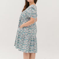 Florence Puff-Sleeved Floral Tiered Dress In Blue