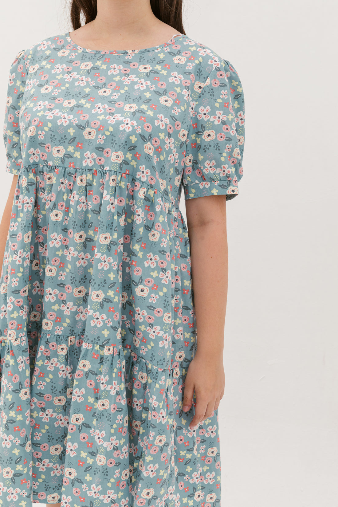 Florence Puff-Sleeved Floral Tiered Dress In Blue