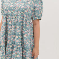 Florence Puff-Sleeved Floral Tiered Dress In Blue