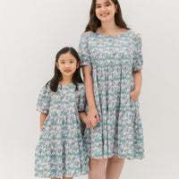 Finley Puff-Sleeved Floral Tiered Dress In Blue