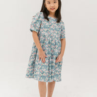 Finley Puff-Sleeved Floral Tiered Dress In Blue