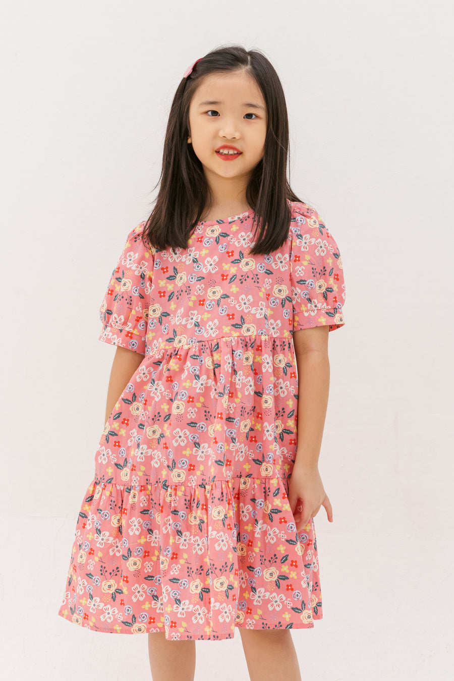 Finley Puff-Sleeved Floral Tiered Dress In Pink