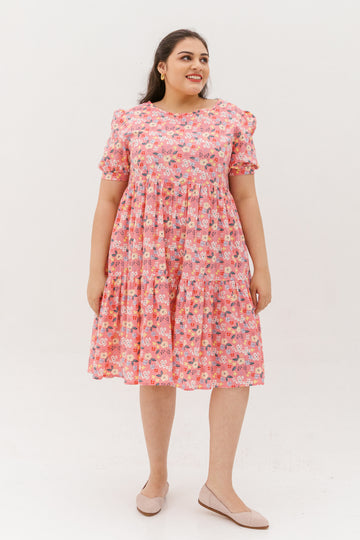 Florence Puff-Sleeved Floral Tiered Dress In Pink
