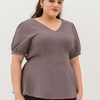Aria V-Neck Textured Peplum Blouse In Saddle Brown