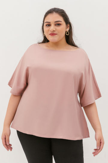 Isla Boat-Neck Flare Sleeve Blouse In Rose Gold
