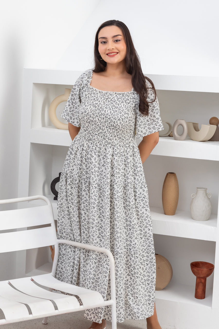 Flora Smocked Maxi Dress In White Floral