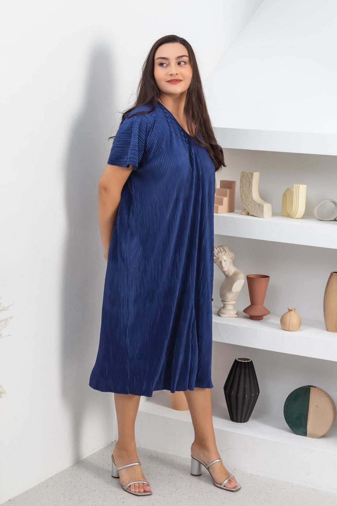 Victoria Pleated Dress In Sapphire Blue