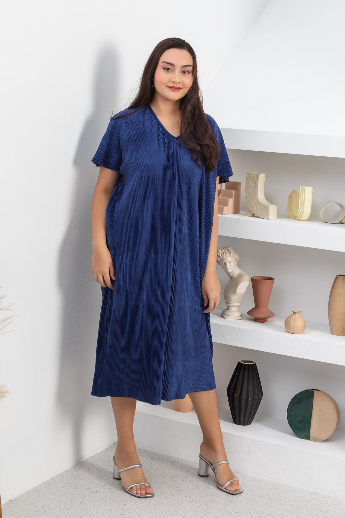 Victoria Pleated Dress In Sapphire Blue