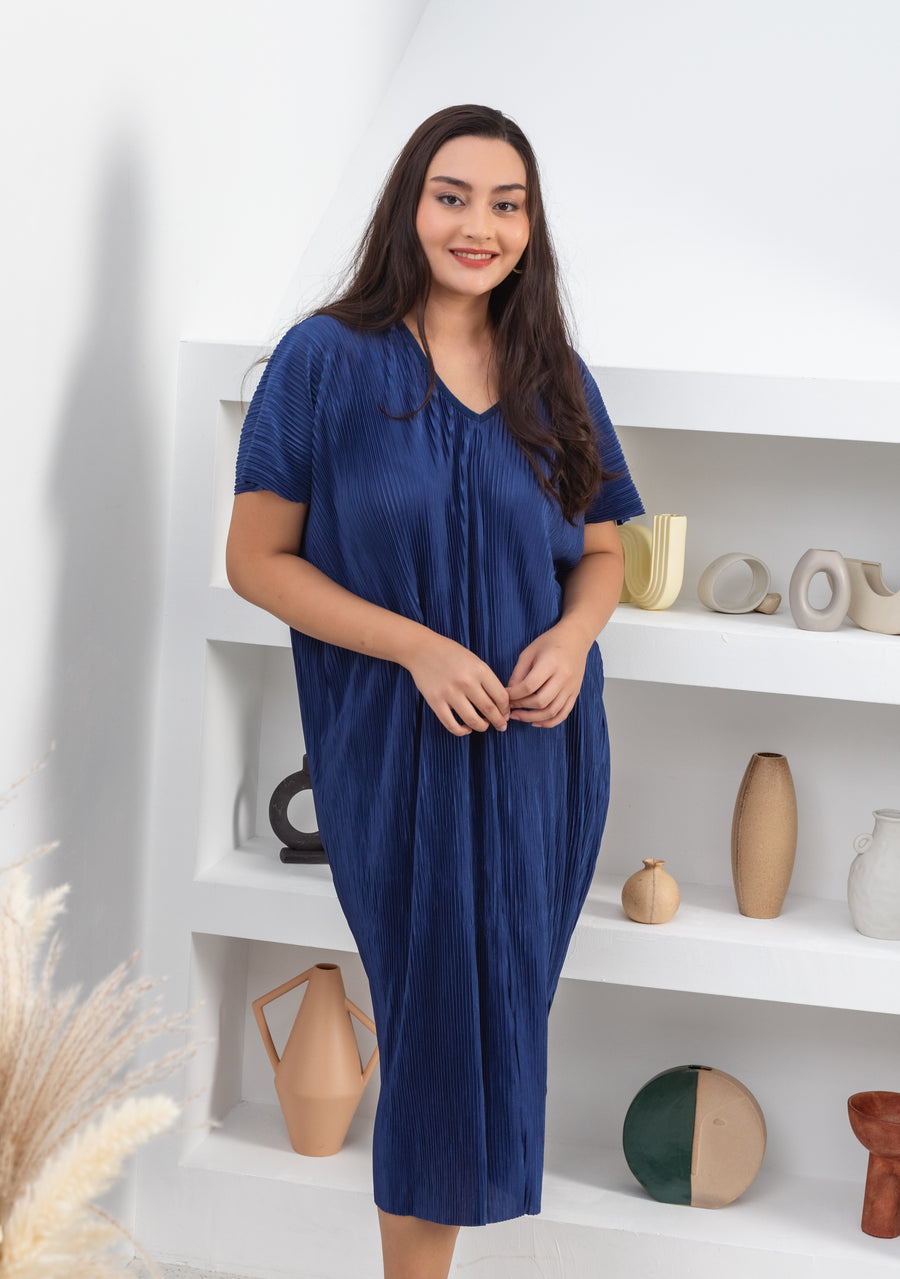 Victoria Pleated Dress In Sapphire Blue