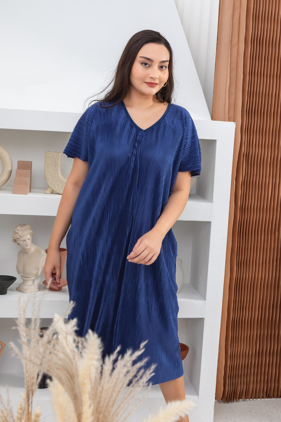 Victoria Pleated Dress In Sapphire Blue