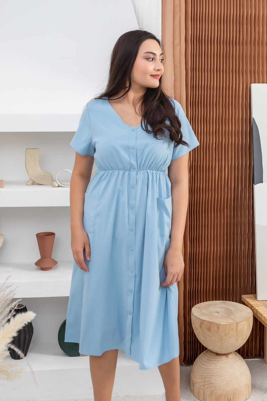 Felicity Midi Buttoned Dress In Baby Blue