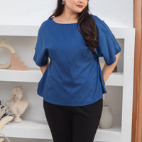 Isla Boat-Neck Flare Sleeve Blouse In Royal Blue