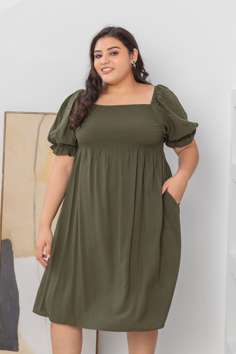 Shelley Smocked Dress In Olive Green