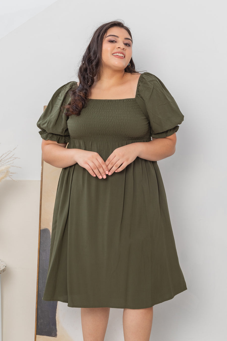 Shelley Smocked Dress In Olive Green