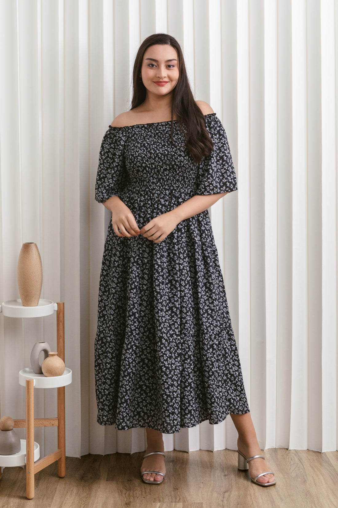 Flora Smocked Maxi Dress In Black Floral