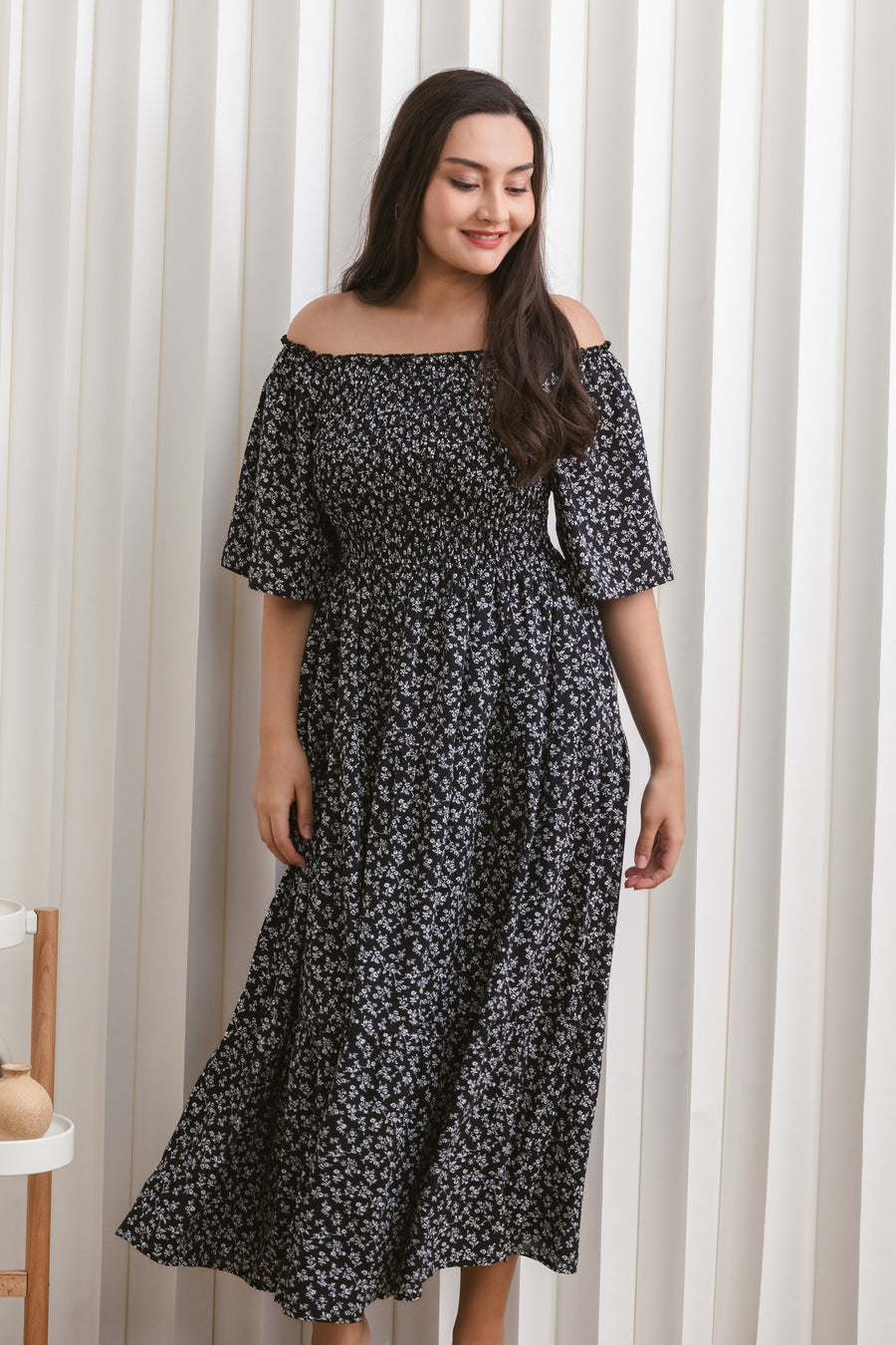 Flora Smocked Maxi Dress In Black Floral