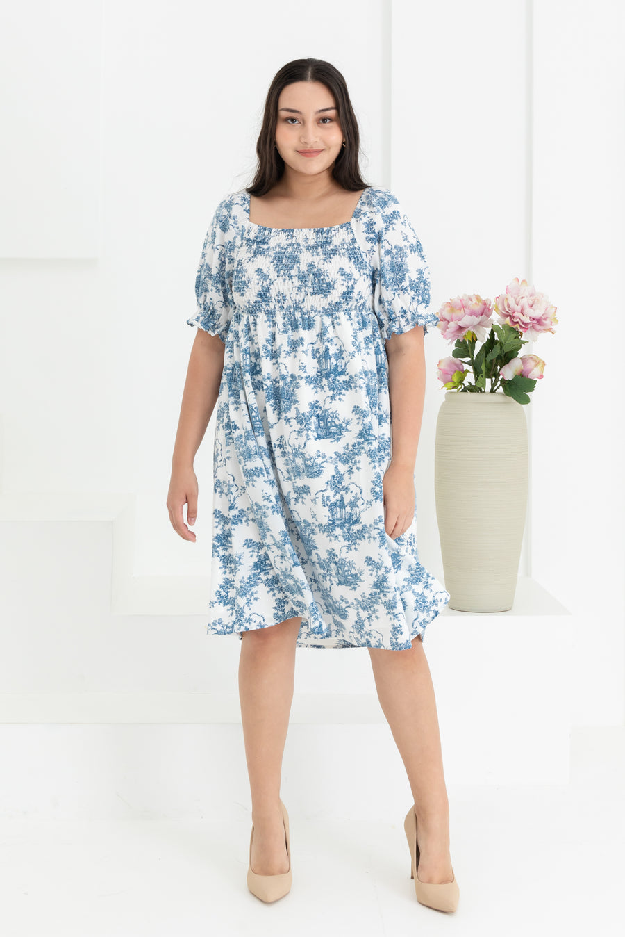 Shelley Smocked Dress In Blue Toile De Jouy