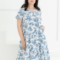 Eva Tiered Dress In Blue Toile De Jouy