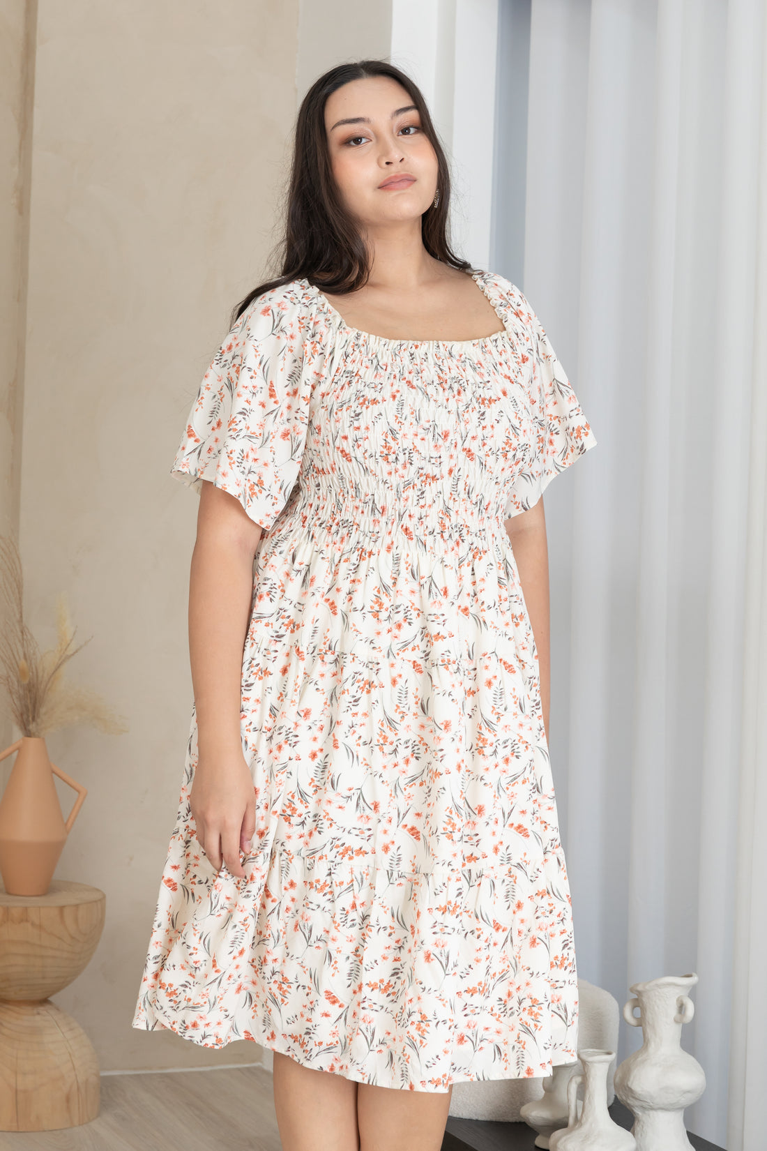 Flora Smocked Casual Dress In White Red Floral