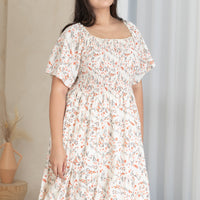 Flora Smocked Casual Dress In White Red Floral