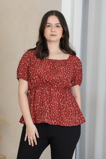 Meredith Puff Sleeves Ruched Top In Red