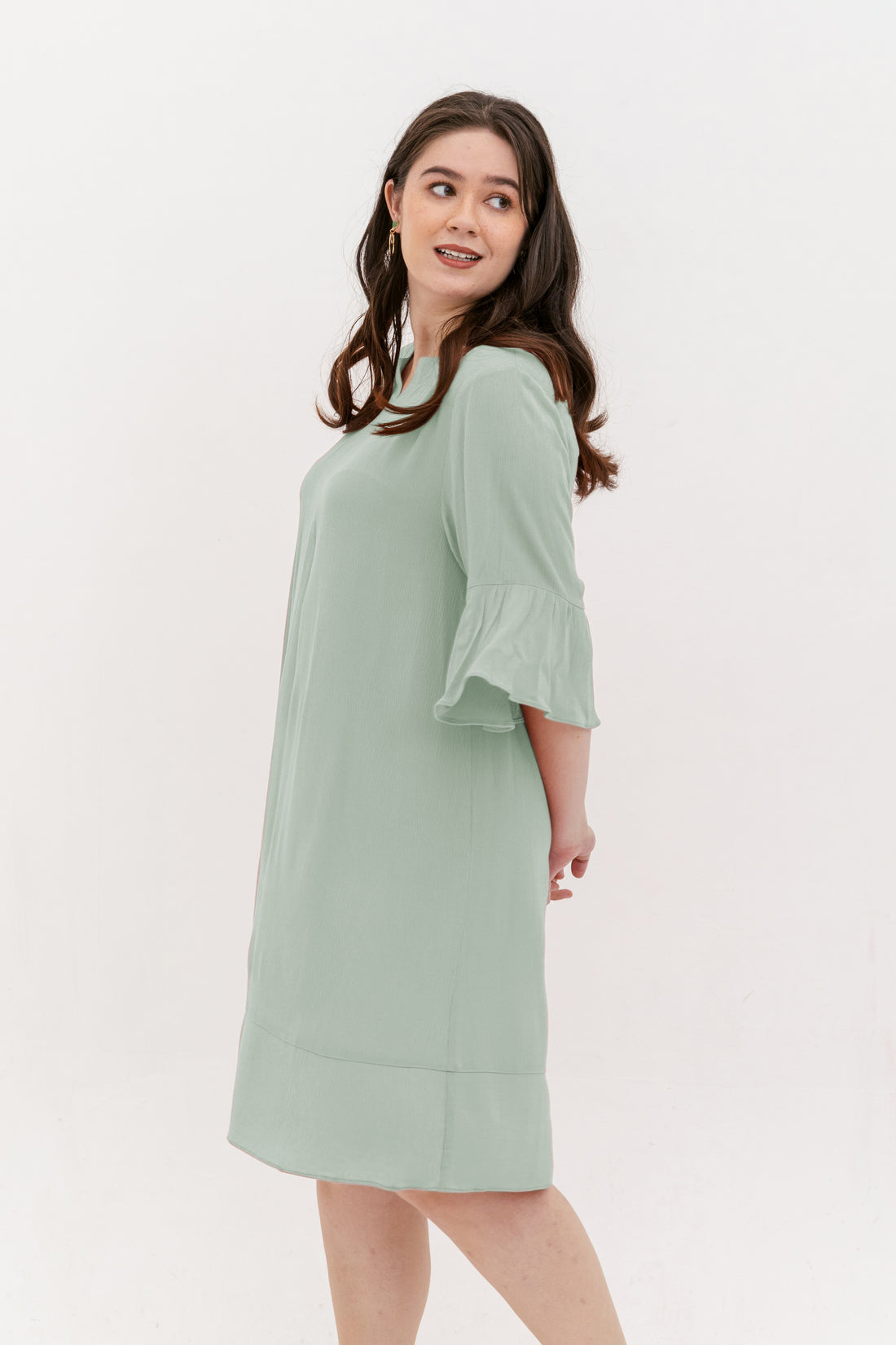 Lillian Trumpet Sleeve Dress In Powder Green LaineCurve Lillian Trumpet Sleeve Dress In Powder Green LaineCurve